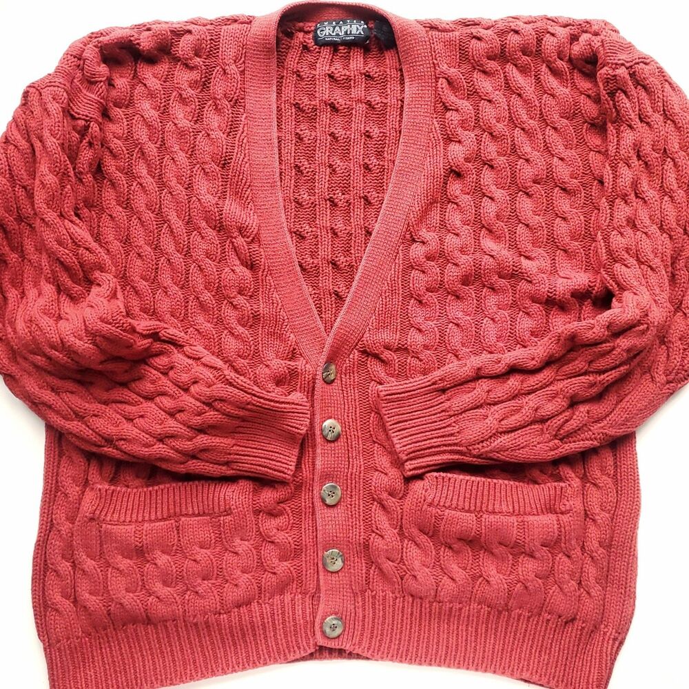 Vintage Cable Knit Cardigan Sweater Mens XL Red Cotton Chunky Fisherman Grandpa